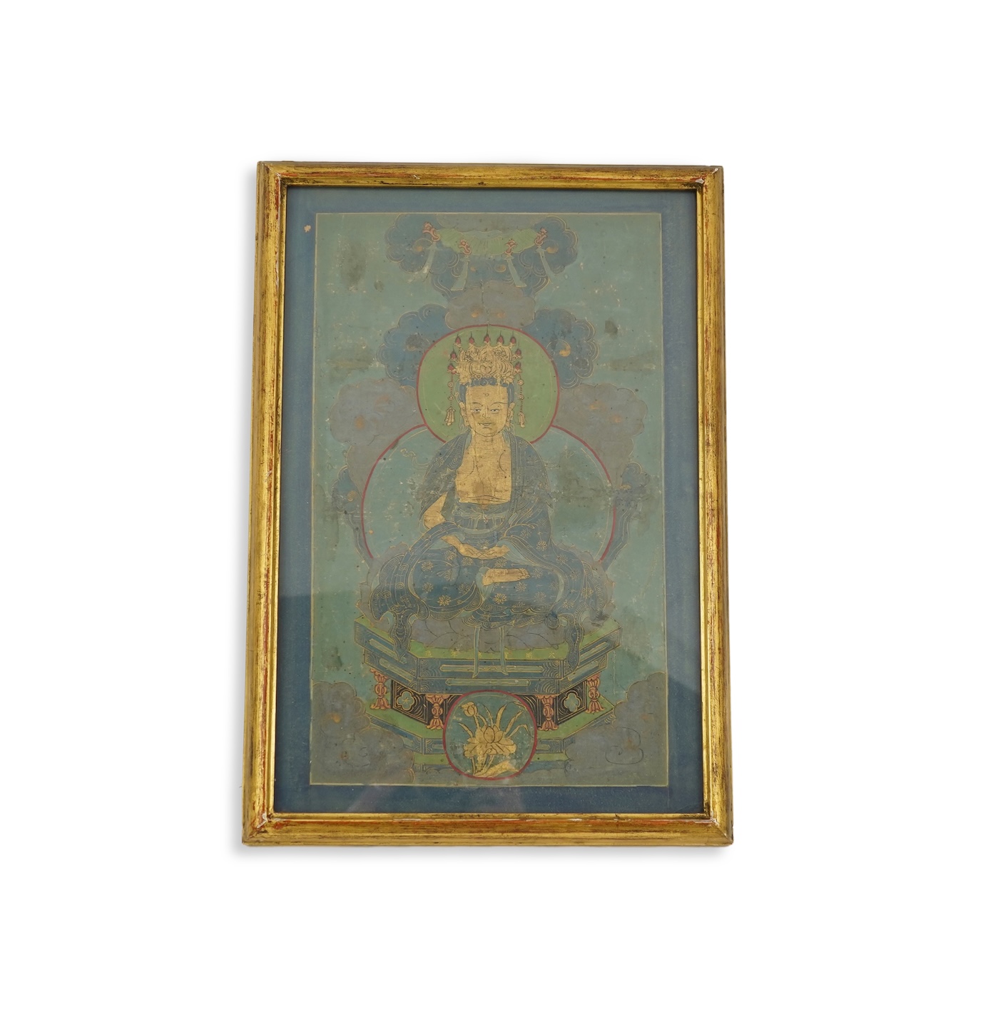 Sino-Tibetan School , (18th century or earlier), Bodhisattva seated on a throne, Painted thangka, 37cm x 22cm, gilt framed